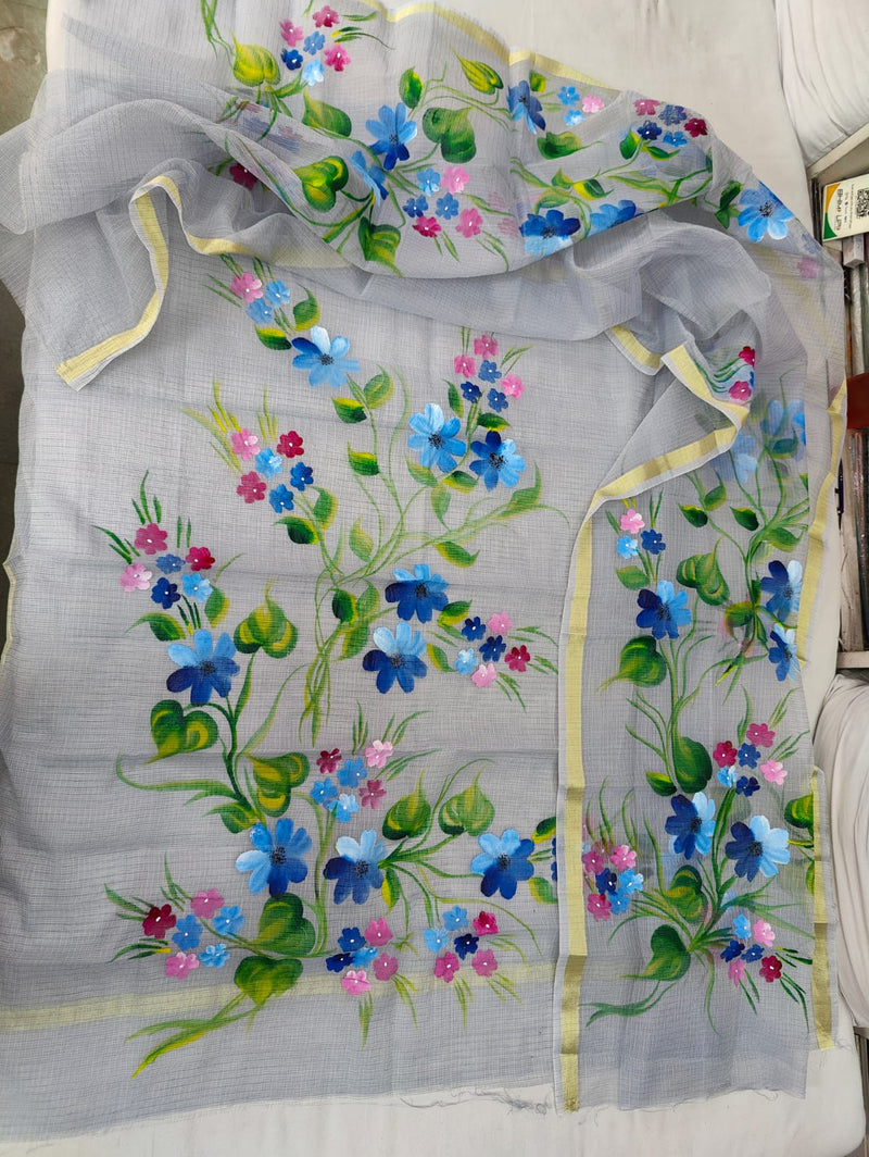 Pure Kota Doriya Hand Brush Print Unstitched Suit With Dupatta & Bottom