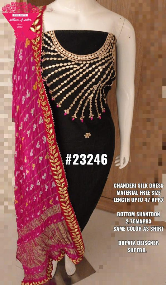 Black Color Chanderi Gota Patti Work Unstitched Suit With Bandhej Gota Patti Work Dupatta