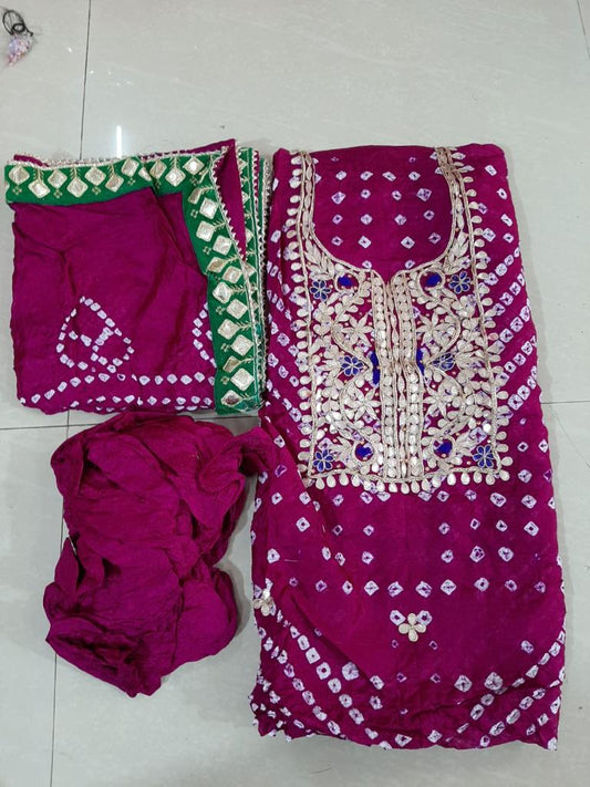 Maroon Color Bandhej Gota Patti Work Unstitched Suit With Bandhej Gota Patti Work Dupatta