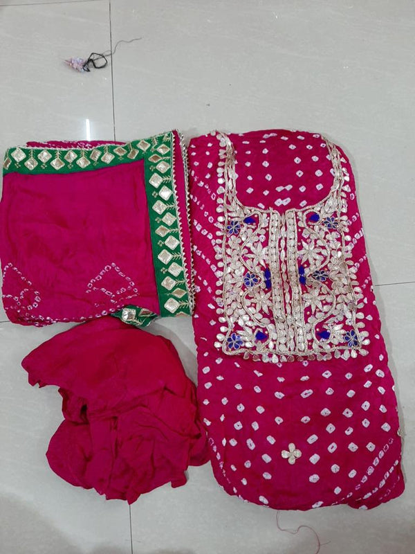 Red Color Bandhej Gota Patti Work Unstitched Suit With Bandhej Gota Patti Work Dupatta