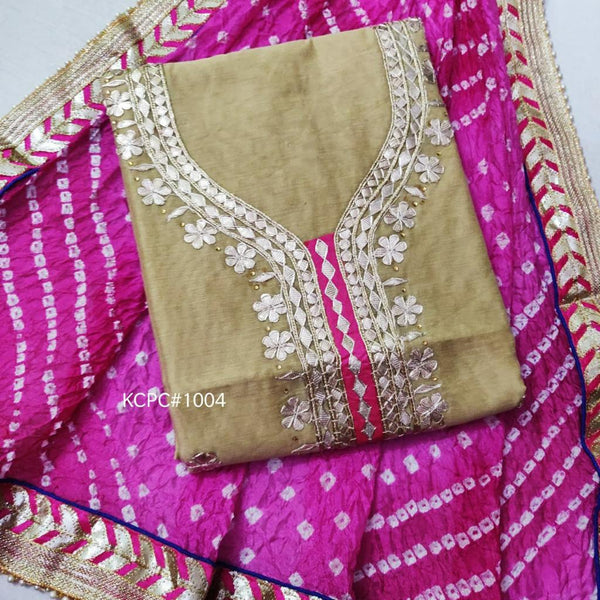 Cream Color Chanderi Gota Patti Work Unstitched Suit With Bandhej Gota Patti Work Dupatta