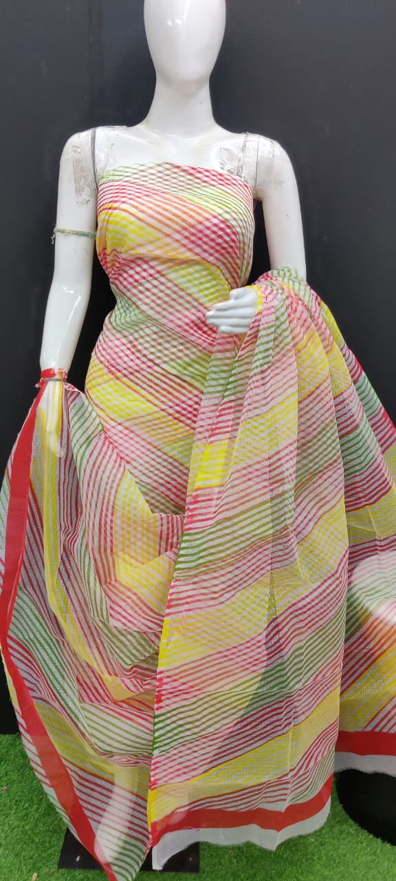 Pure Kota Doriya Leheriya Print Unstitched Suit With Bottom