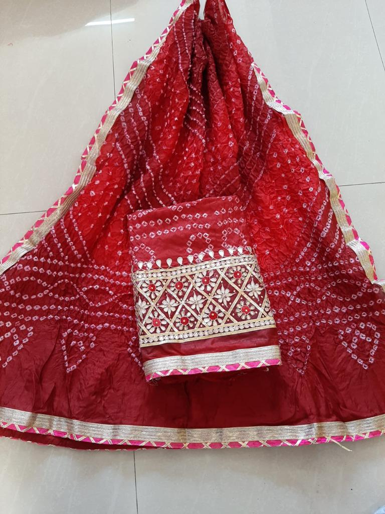 Red Color Bandhej Gota Patti Work Unstitched Suit With Bandhej Gota Patti Work Dupatta