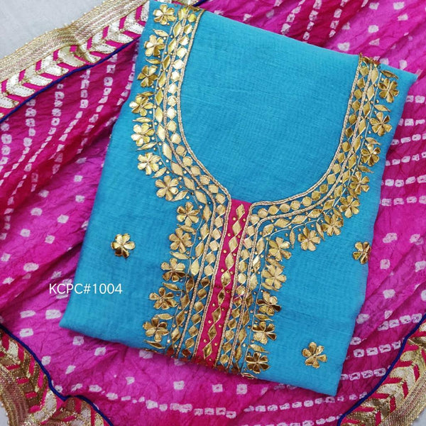 Blue Color Chanderi Gota Patti Work Unstitched Suit With Bandhej Gota Patti Work Dupatta