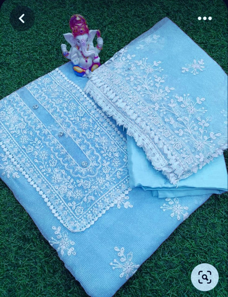 Pure Kota Doriya Embroidery Work Unstitched Suit With Bottom.