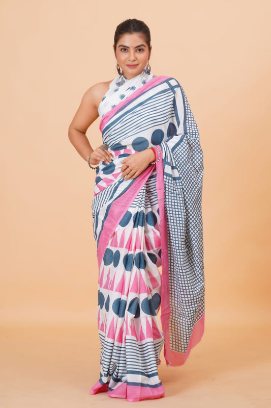Pure Hand Printed Cotton Sarees With Blouse