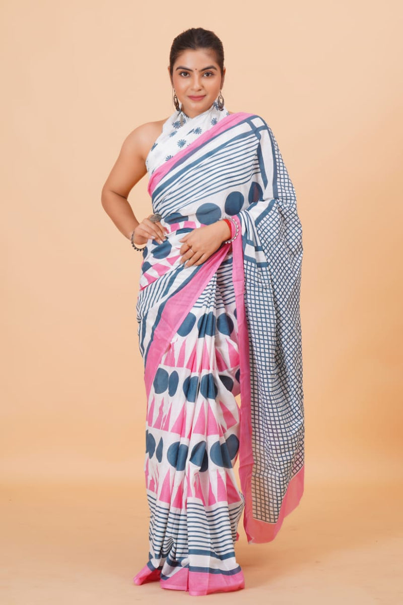 Pure Hand Printed Cotton Sarees With Blouse