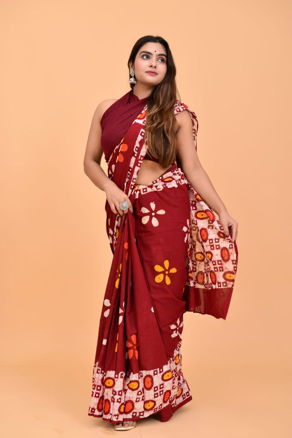 Pure Hand Block Printed Cotton Sarees With Blouse