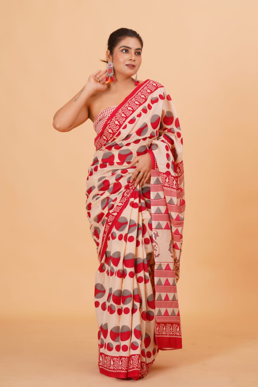 Pure Hand Printed Cotton Sarees With Blouse