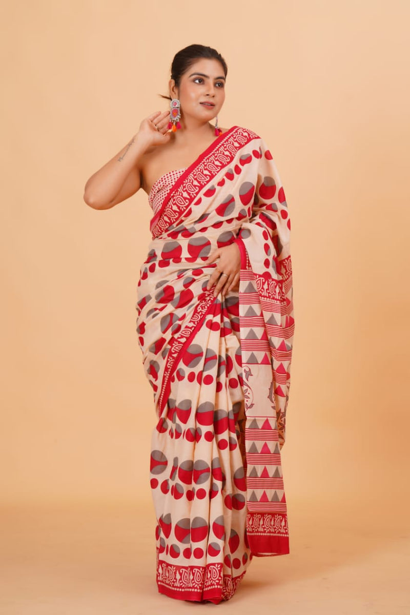 Pure Hand Printed Cotton Sarees With Blouse