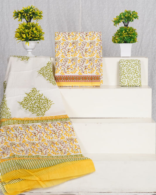Pure Cotton Jaipuri Hand Block Print Unstitched Suit With Mul Cotton Dupatta.