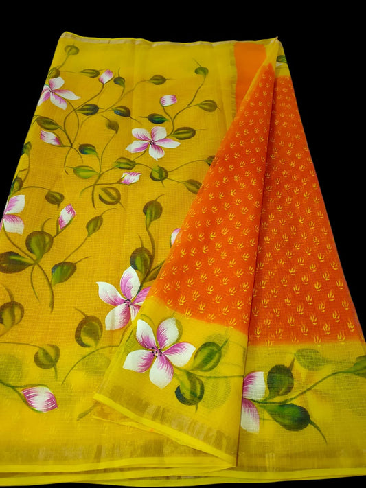 Kota Doria Saree With Hand Bursh Print Work