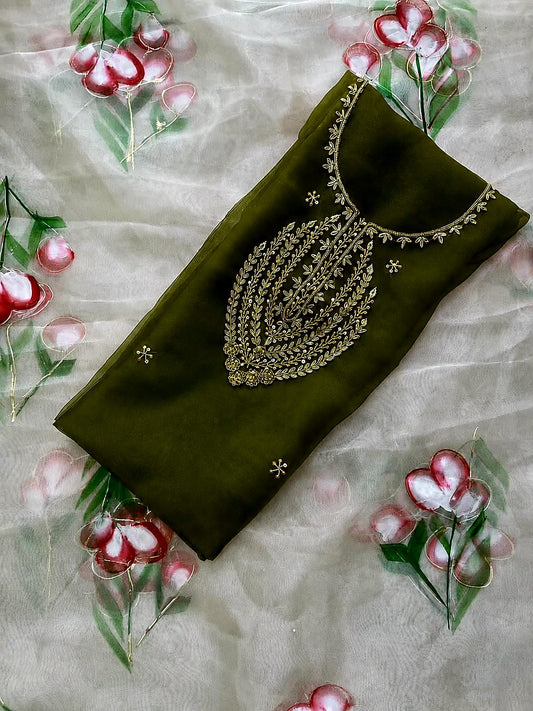 Pure Organza Zardozi Work unstitched Suit With Brush Print Dupatta