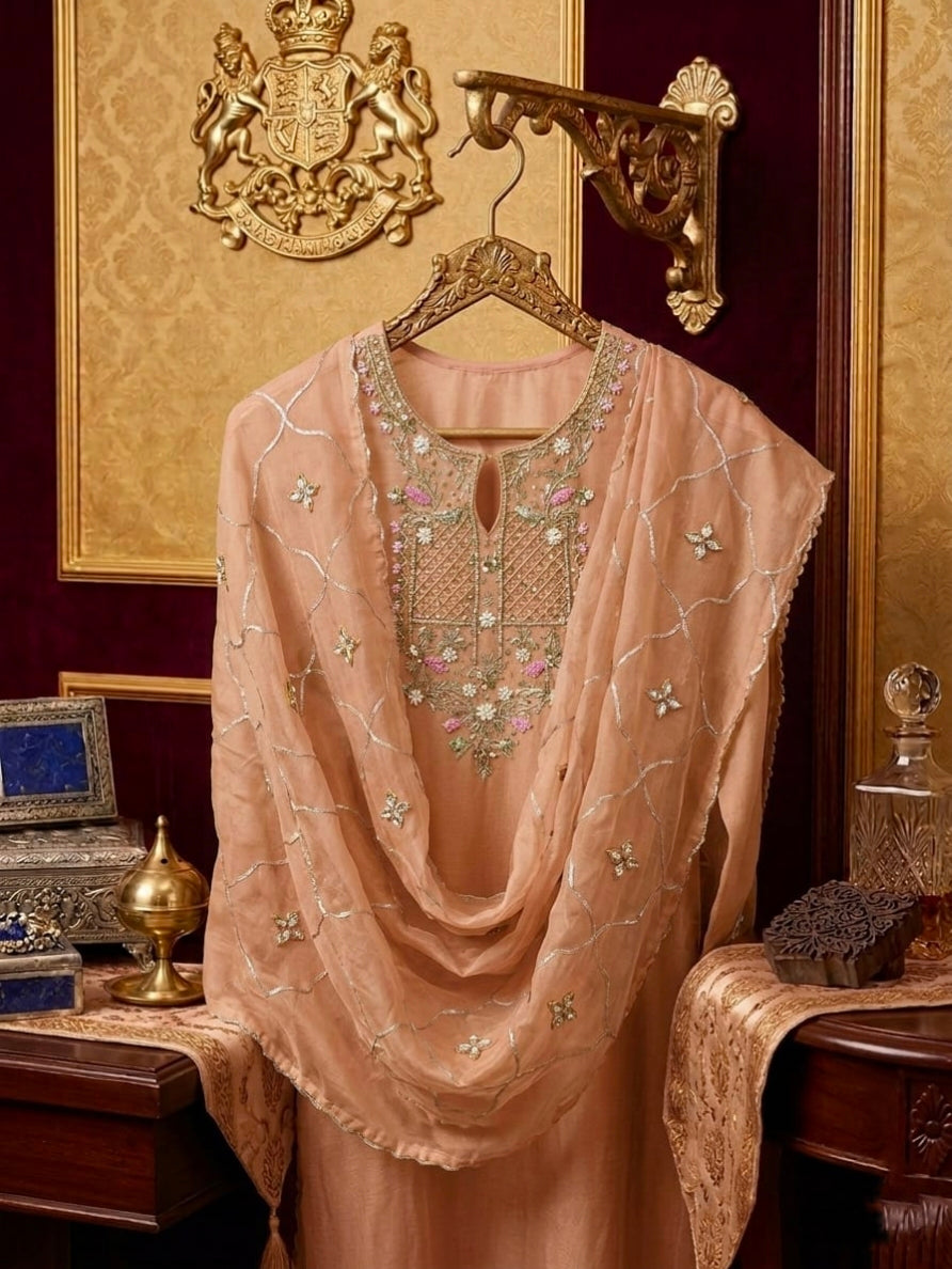 Crush Tissue Zardozi Work Unstitched Suit With Gota Work dupatta