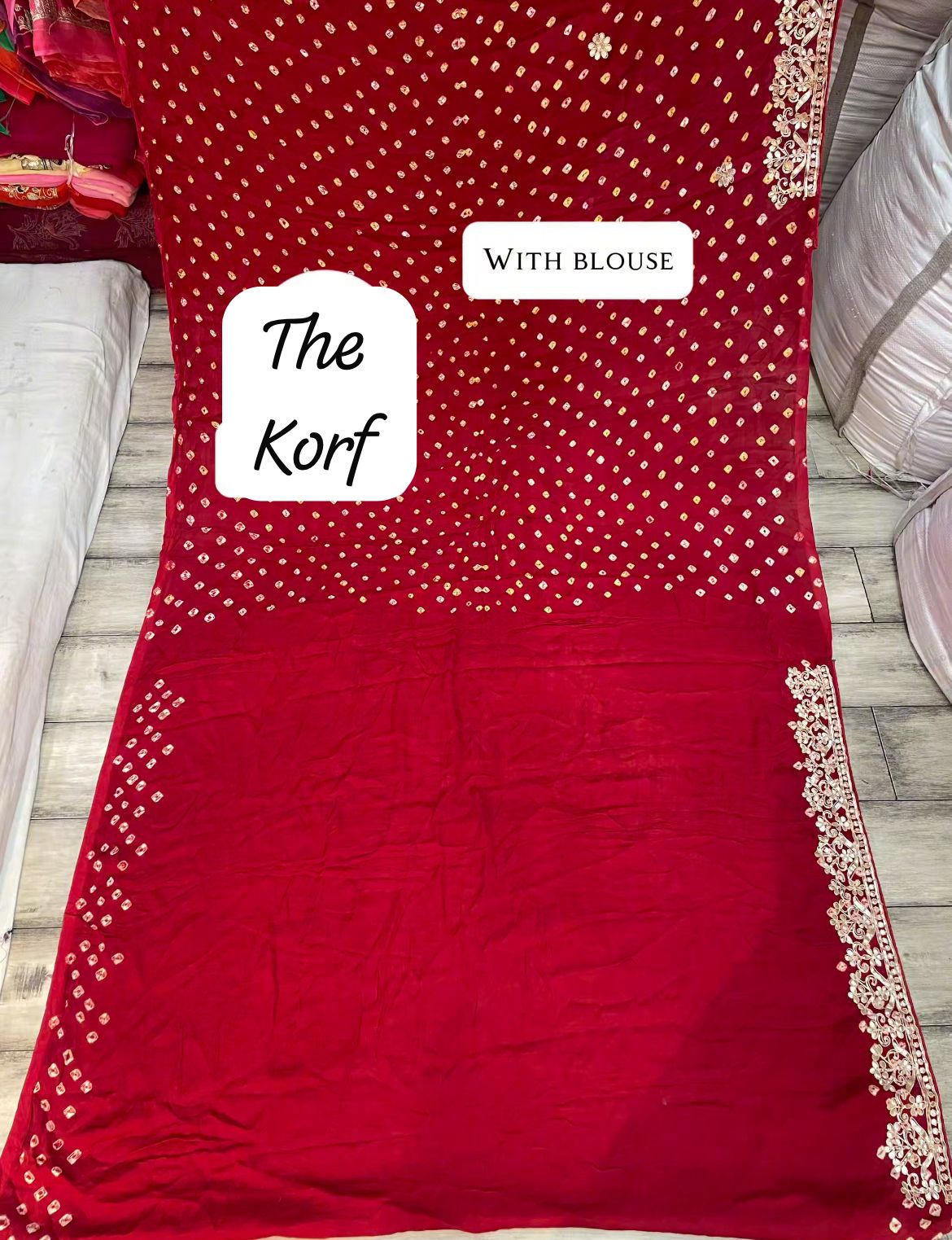 Pure Hand Bandhej Gajji Silk Saree Gota Patti Work With Hand Work Blouse.