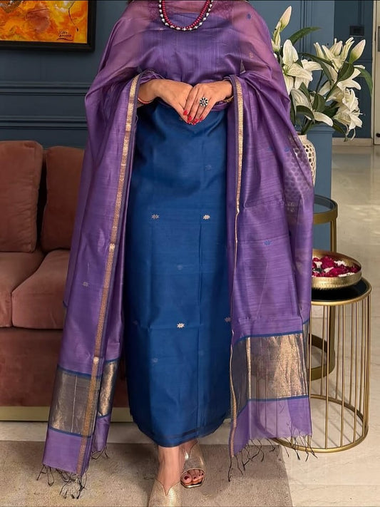 Pure Maheswari Silk Cotton Handwoven Unstitch Suit With  Buti