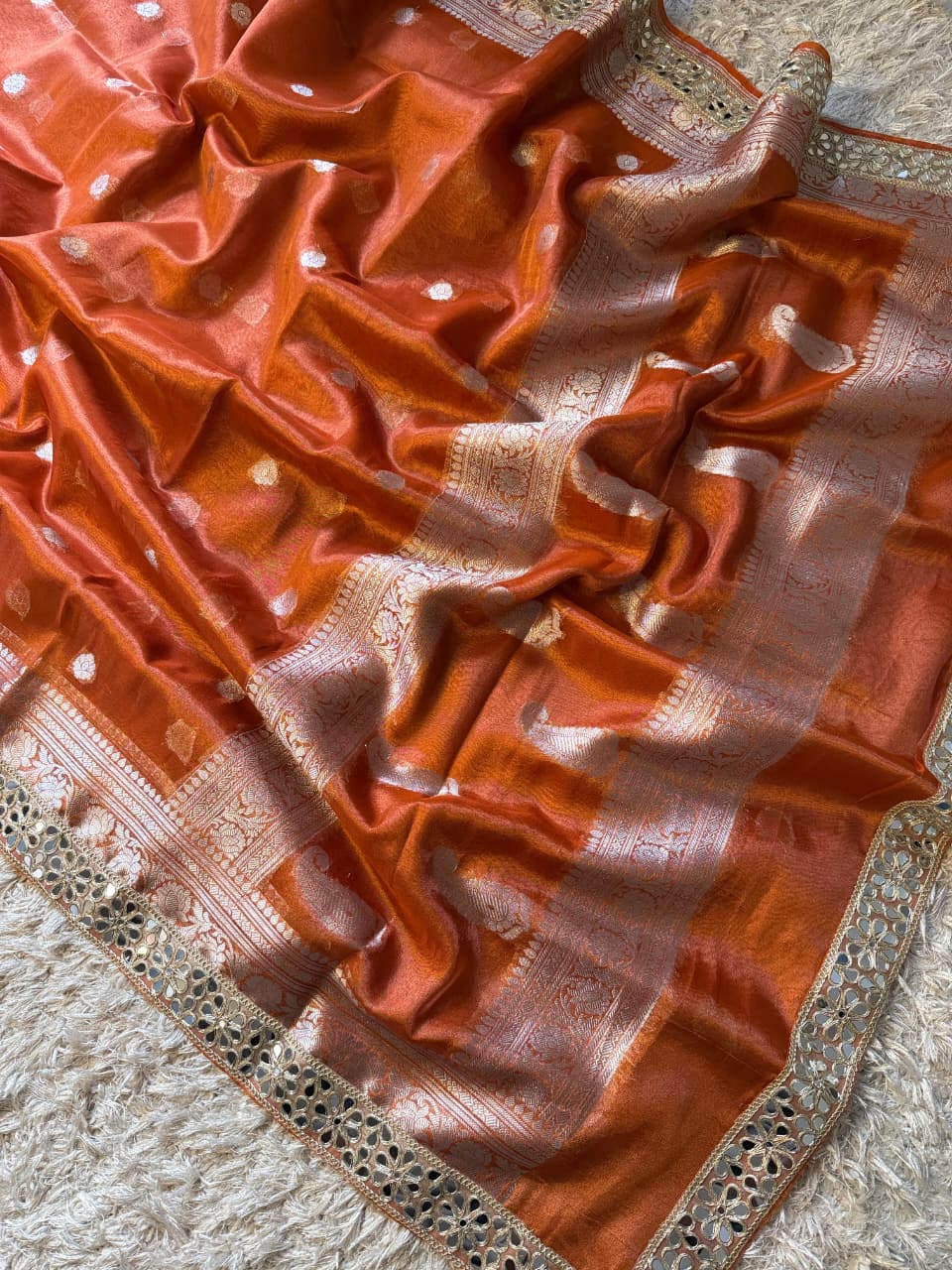 Tissue Silk Saree with Stripe Work and Moti Border