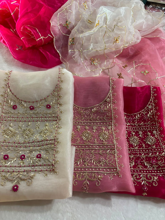 Organza Zardozi Work unstitched Suit With Gota Patti Dupatta
