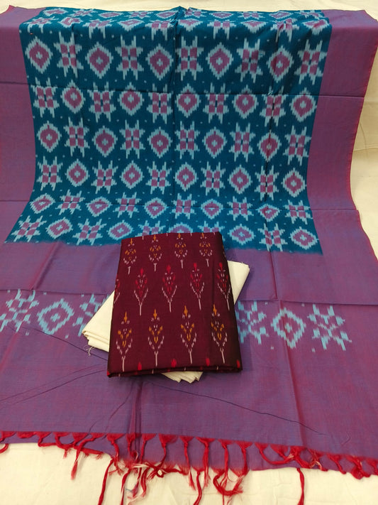 Pure Mercerised Cotton Doubel Ikkat Unstitched Suit With Mercerised Ikkat Cotton Dupatta