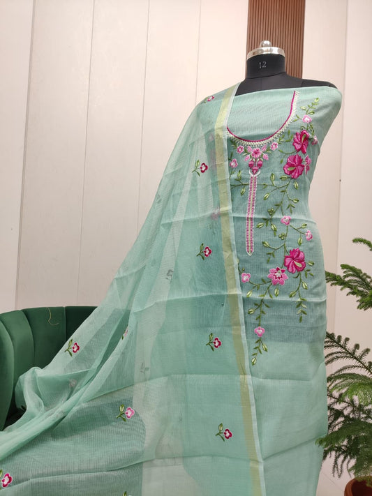 Pure Kota Doriya unstitched suit with embroidery work