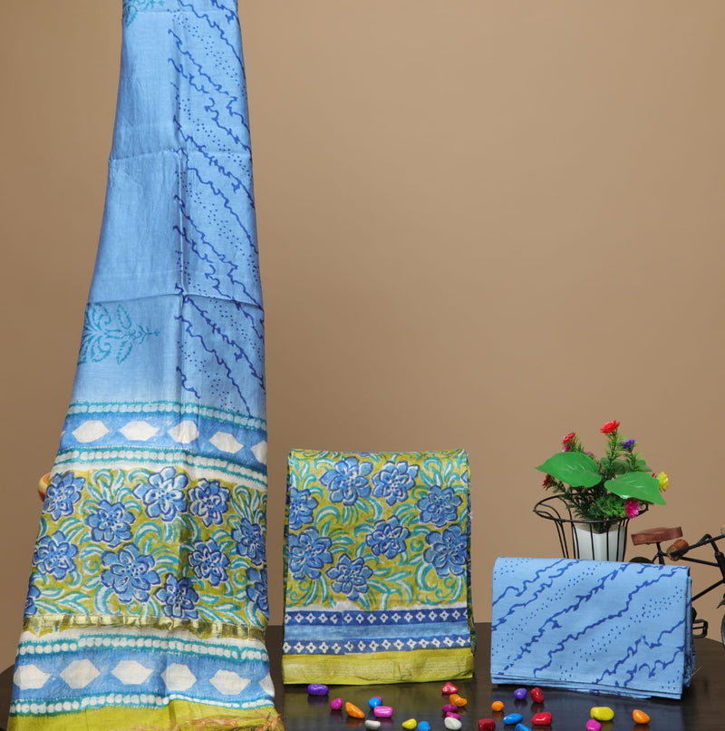 Pure Hand Block Chanderi Silk Unstitched Suit With Chanderi Dupatta