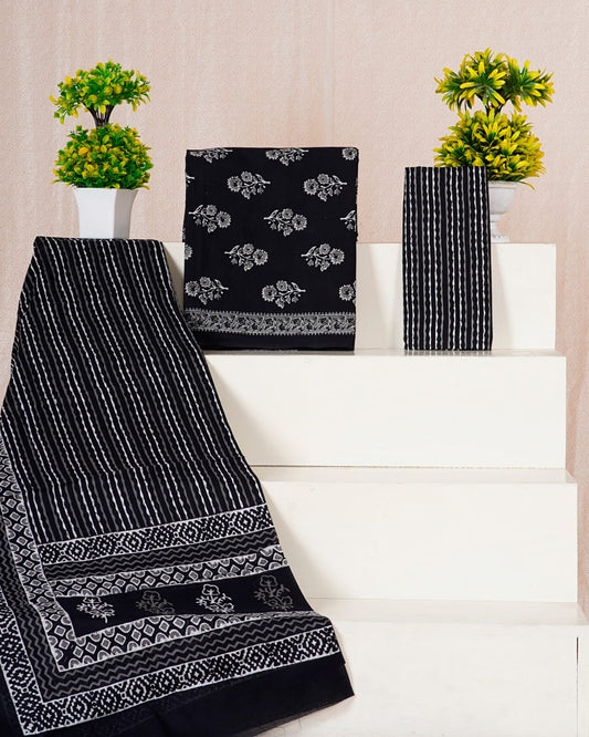 Pure Cotton Hand Block Print Unstitched Suit With Mul Cotton Dupatta.