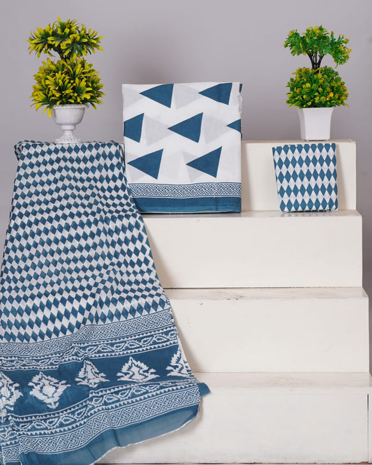 Pure Cotton Jaipuri Hand Block Print Unstitched Suit With Mul Cotton Dupatta.