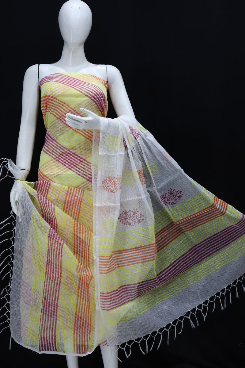 Pure Kota Doriya Leheriya Print Unstitched Suit With Bottom
