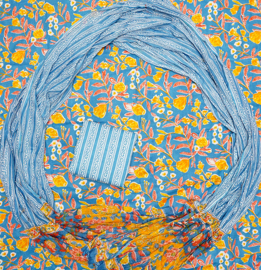 Pure Cotton Hand Block Print Unstitched Suit With Mul Cotton Dupatta.