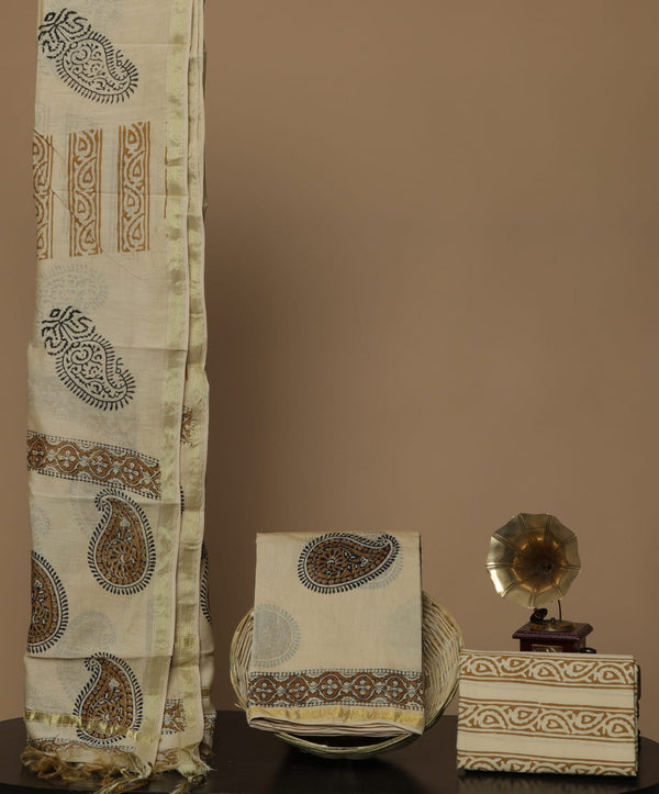 Pure Hand Block Chanderi Silk Unstitched Suit With Chanderi Dupatta