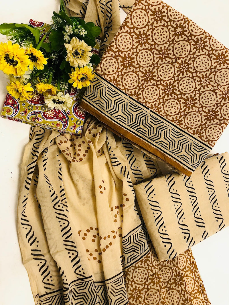 Pure Cotton Jaipuri Hand Block Print Unstitched Suit With Mul Cotton Dupatta.