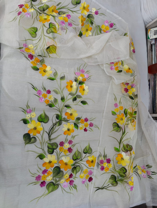 Pure Kota Doriya Hand Brush Print Unstitched Suit With Dupatta & Bottom