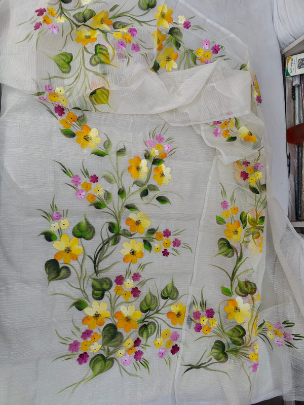 Pure Kota Doriya Hand Brush Print Unstitched Suit With Dupatta & Bottom