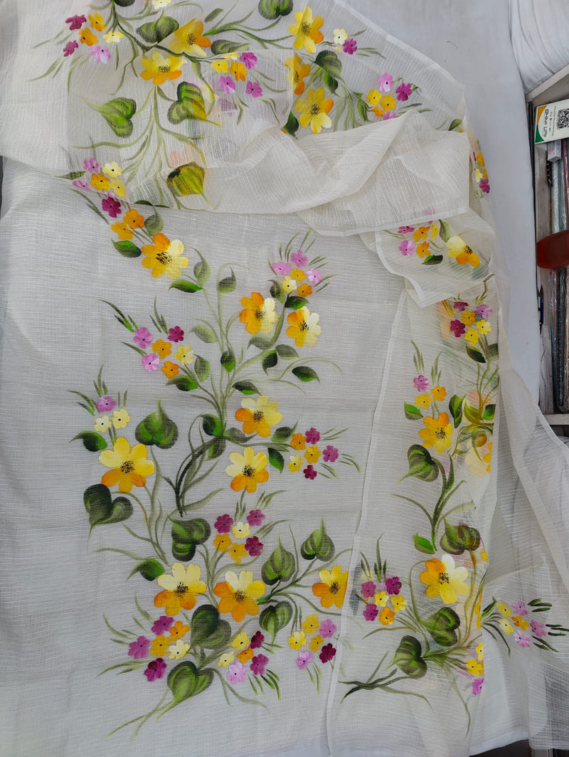 Pure Kota Doriya Hand Brush Print Unstitched Suit With Dupatta & Bottom