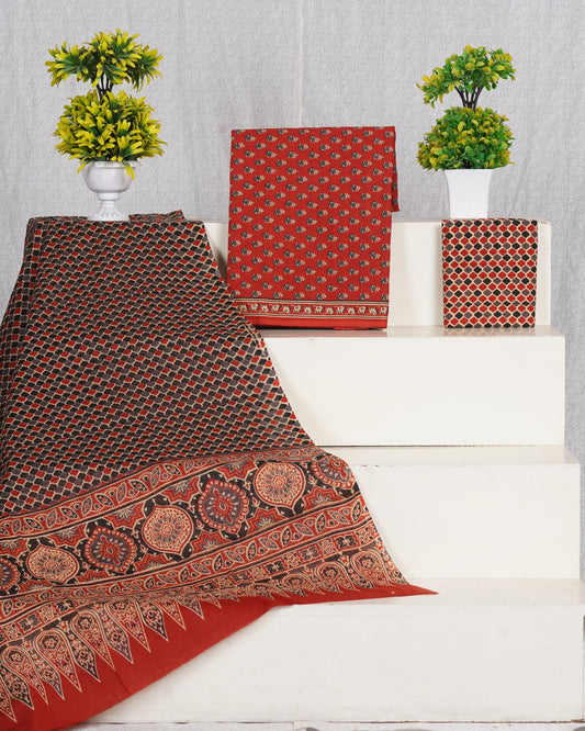 Pure Cotton Jaipuri Hand Block Print Unstitched Suit With Mul Cotton Dupatta.