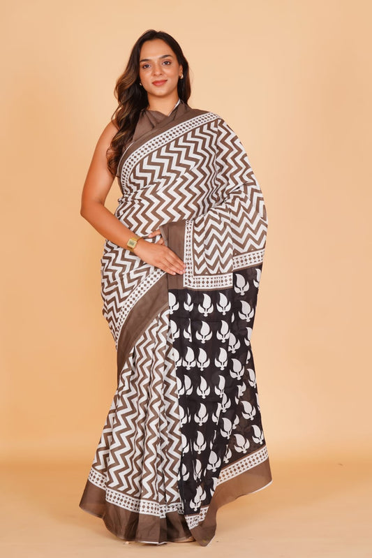 Pure Hand Printed Cotton Sarees With Blouse