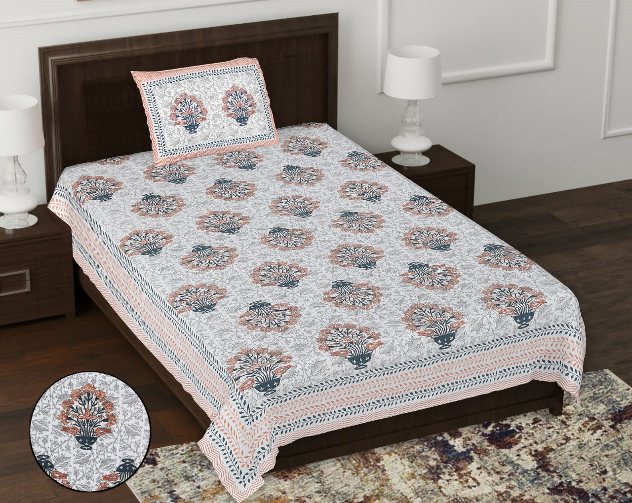 Pure Cotton Digital Print Single Bed Bedsheet With 1 Pillow Cover