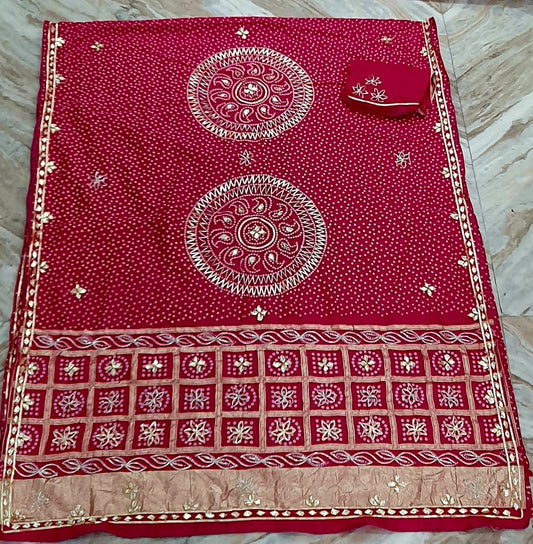 Pure Hand Bandhej Gajji Silk Saree Kachi  Gota Patti Work With Hand Work Blouse.