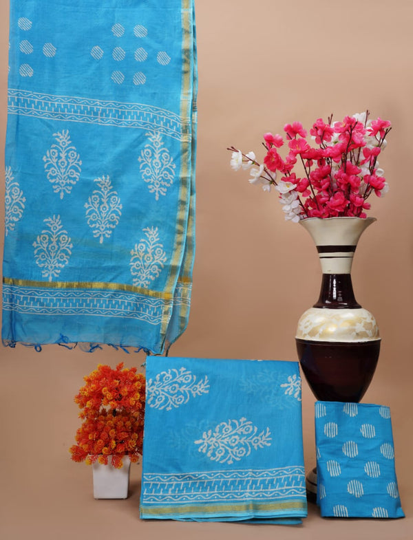 Pure Hand Block Chanderi Silk Unstitched Suit With Chanderi Dupatta