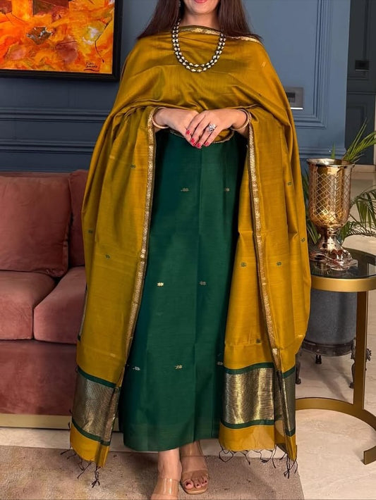 Pure Maheswari Silk Cotton Handwoven Unstitch Suit With  Buti