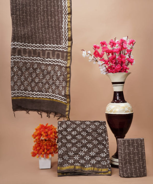 Pure Hand Block Chanderi Silk Unstitched Suit With Chanderi Dupatta