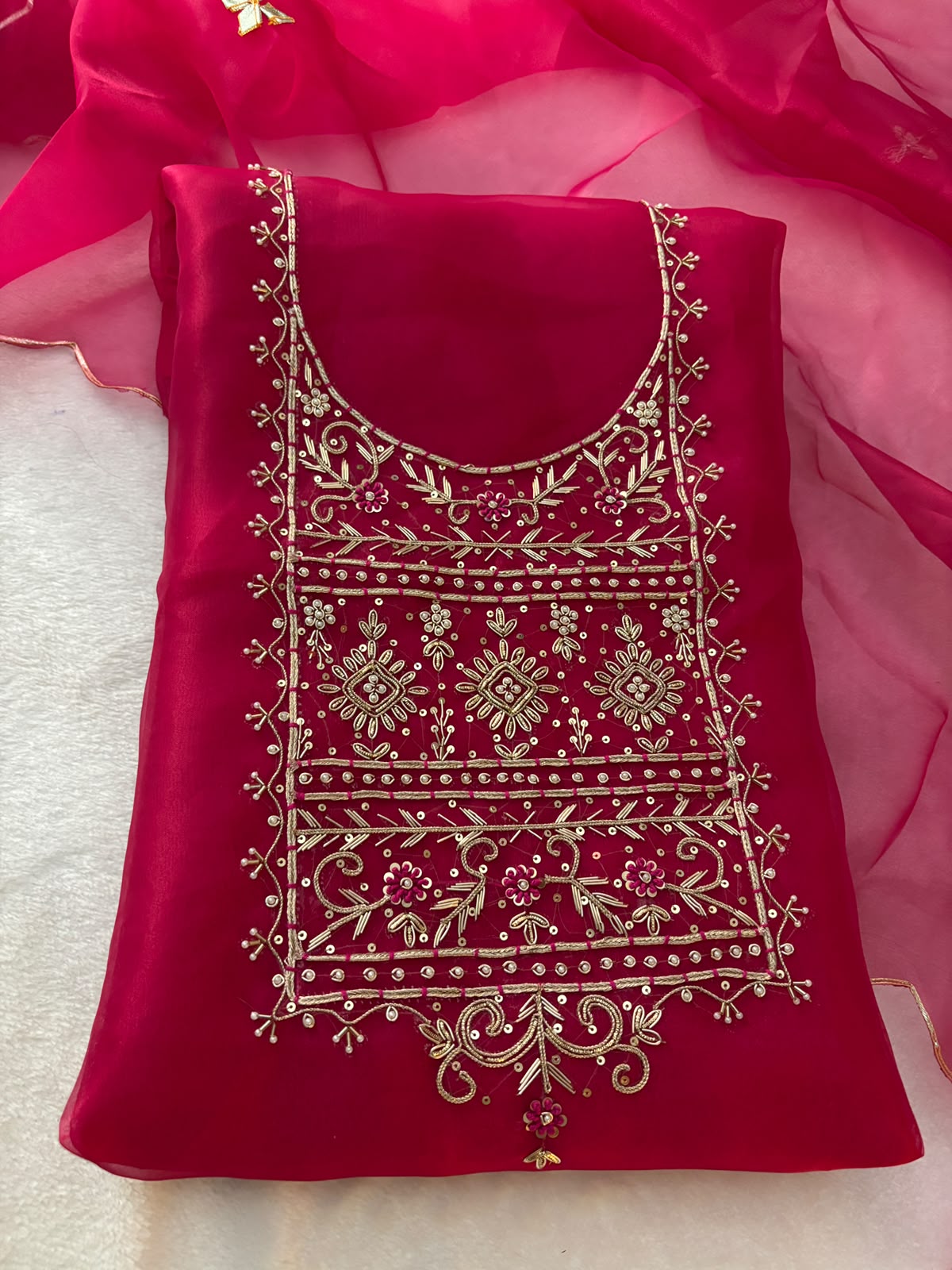 Organza Zardozi Work unstitched Suit With Gota Patti Dupatta