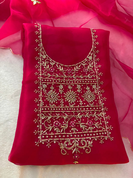 Organza Zardozi Work unstitched Suit With Gota Patti Dupatta