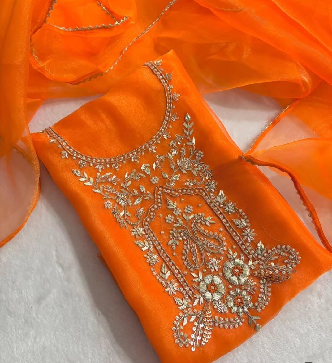 Pure Organza unstitched Suit With Zardozi Work Dupatta