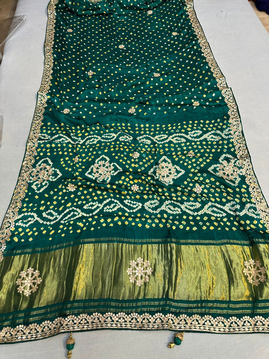 Pure Hand Bandhej Gajji Silk Saree Gota Patti Work With Hand Work Blouse.