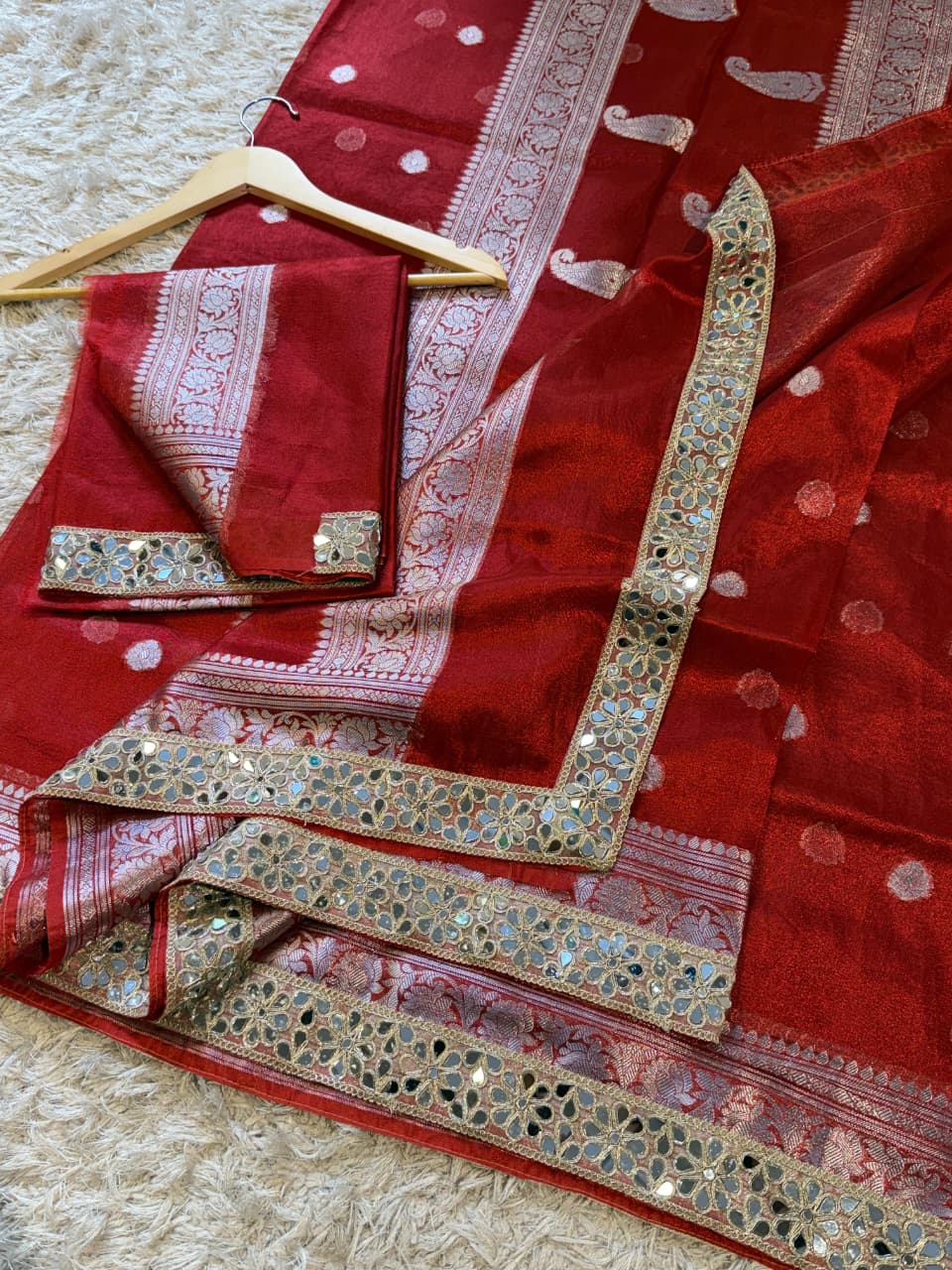 Tissue Silk Saree with Stripe Work and Moti Border