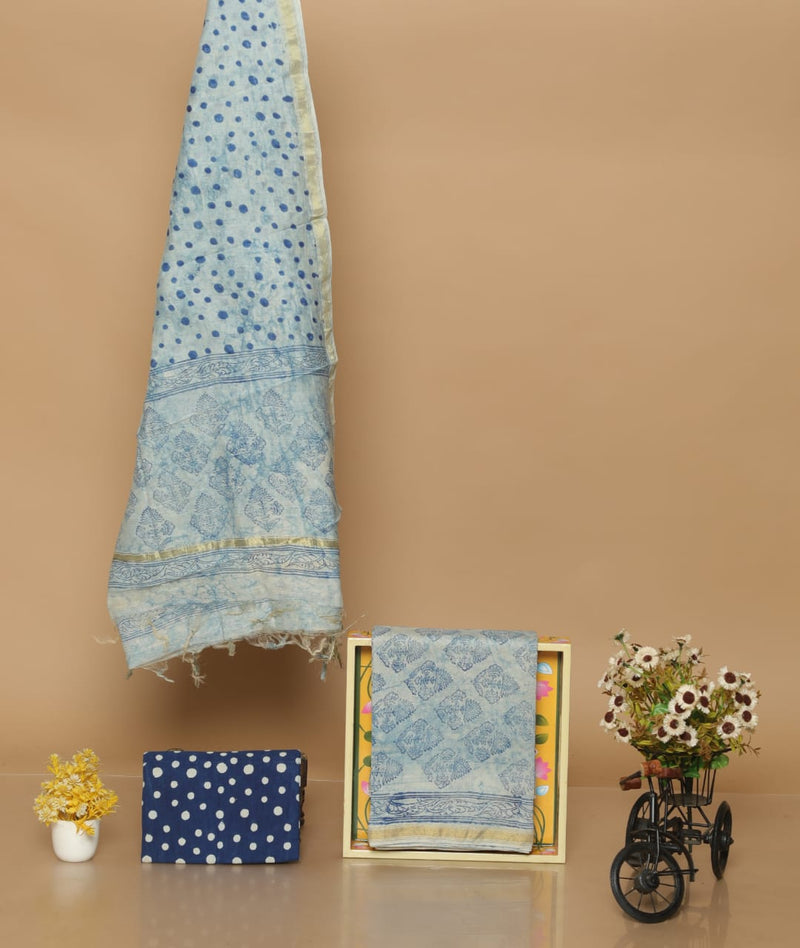 Pure Hand Block Chanderi Silk Unstitched Suit With Chanderi Dupatta