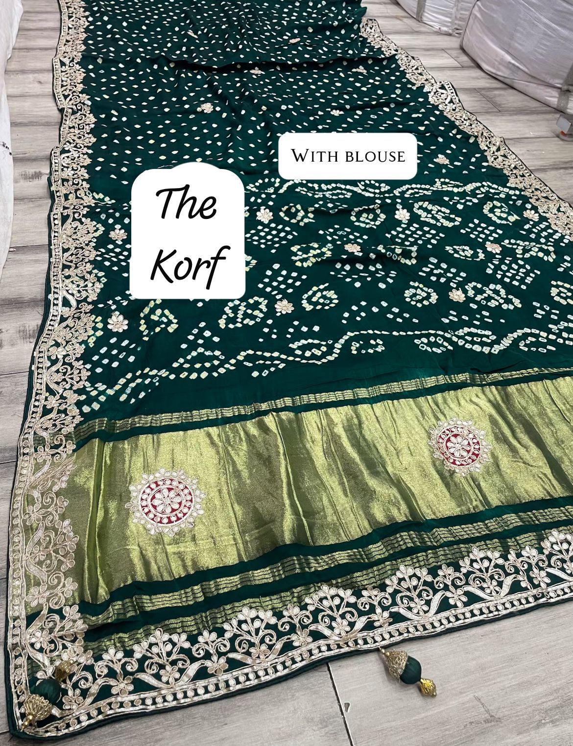 Pure Hand Bandhej Gajji Silk Saree Gota Patti Work With Hand Work Blouse.