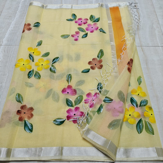 Kota Doria Saree With Hand Bursh Print Work