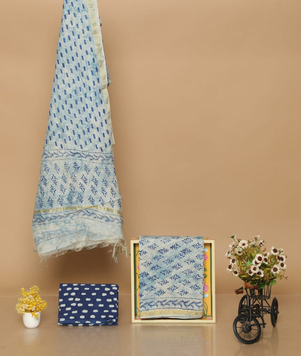 Pure Hand Block Chanderi Silk Unstitched Suit With Chanderi Dupatta